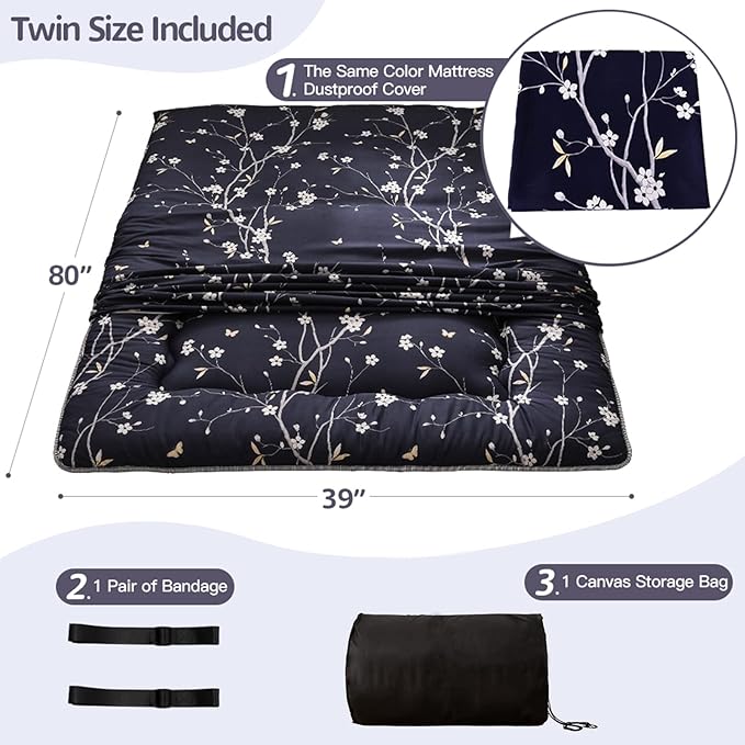 MAXYOYO Navy Floral Printed Japanese Floor Mattress Rustic Style Futon Mattress Foldable Bed Roll Up Camping Lounger Couches and Sofas Mattress Topper Twin Size