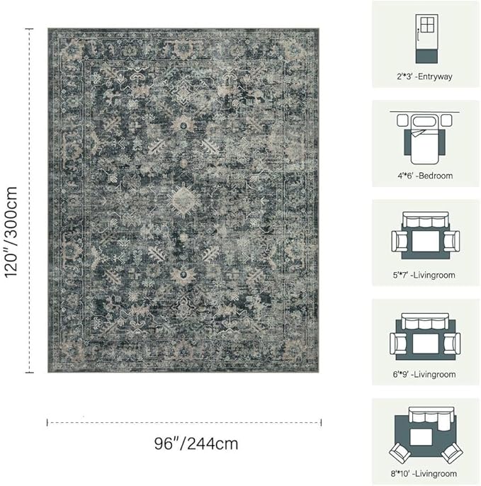 8x10 Area Rugs for Living Room Bedroom, Large Washable Rug, Blue Vintage Retro Boho Rug, Non Slip & Low Pile Faux Wool Thin Carpet for Indoor Dining Room and Kids Room(Blue 8x10ft)
