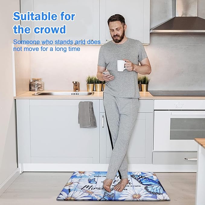 Likiyol Butterfly Kitchen Rugs Set of 2 Kitchen Mats for Floor Farmhouse Anti Fatigue Mats for Kitchen Floor, Daisy Kitchen Rugs Non Slip Washable Standing Floor Mats, 18'' x 30'' + 18'' x 48'', Blue