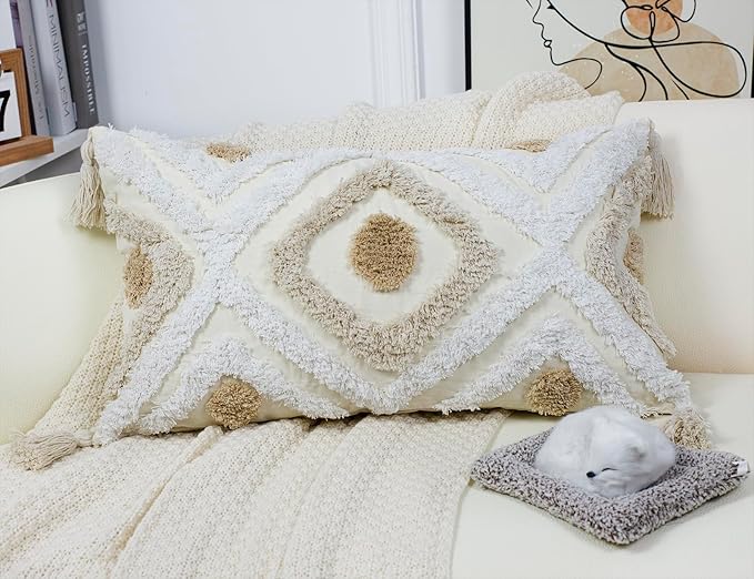 Modern Long Lumbar Throw Pillow Cover 16 x 26,Cotton and Linen Tufted Decorative Boho Long Lumbar Pillow Case for Couch Sofa Bed Farmhouse Chair Outdoor,Khaki&Beige&White