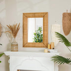 Boho Rattan Wall Mirror Wooden Framed Rectangle Mirror Rattan Decorative Farmhouse Hanging Mirror for Bathroom Vanity Entryway Living Room Home Wall Decor - 23.82" x 1.78" x 31.5"