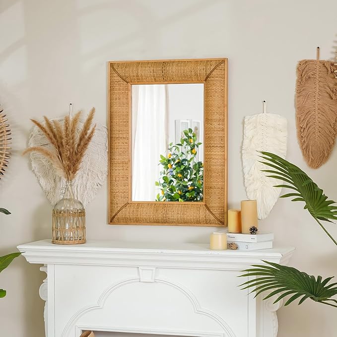 Boho Rattan Wall Mirror Wooden Framed Rectangle Mirror Rattan Decorative Farmhouse Hanging Mirror for Bathroom Vanity Entryway Living Room Home Wall Decor - 23.82" x 1.78" x 31.5"