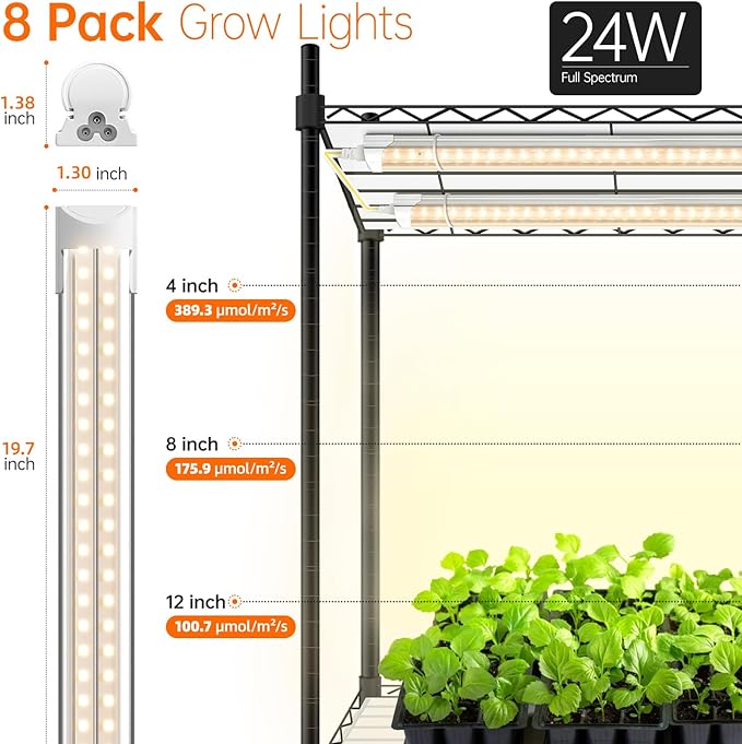 Bstrip DIY Plant Shelf with Grow Light, Grow Light Shelf with Adjustable Rack and Wheels, Plant Stand, 8-Pack 192W T8 Full Spectrum Lamps, ideal for Seed Starting, Seed Tray, 29.5"L x 13.8"W x70.9"H