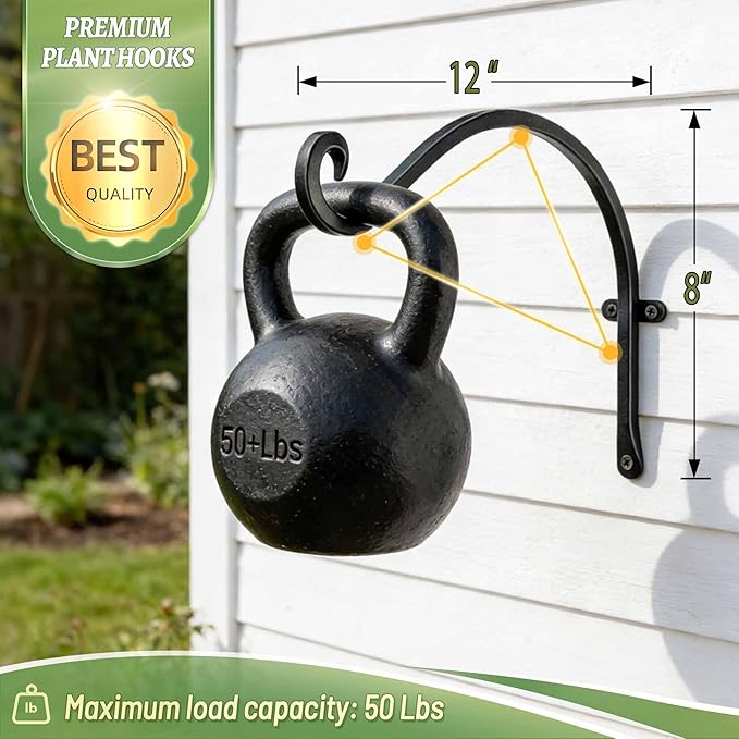 Hanging Plant Brackets Outdoor: 2 Pack 12 Inch Metal Plant Hangers Wall Hooks - Can Hold 50 Lbs Heavy Duty Outdoor Hooks for Hanging Bird Feeders, Flower Baskets, Lanterns, Wind Chimes