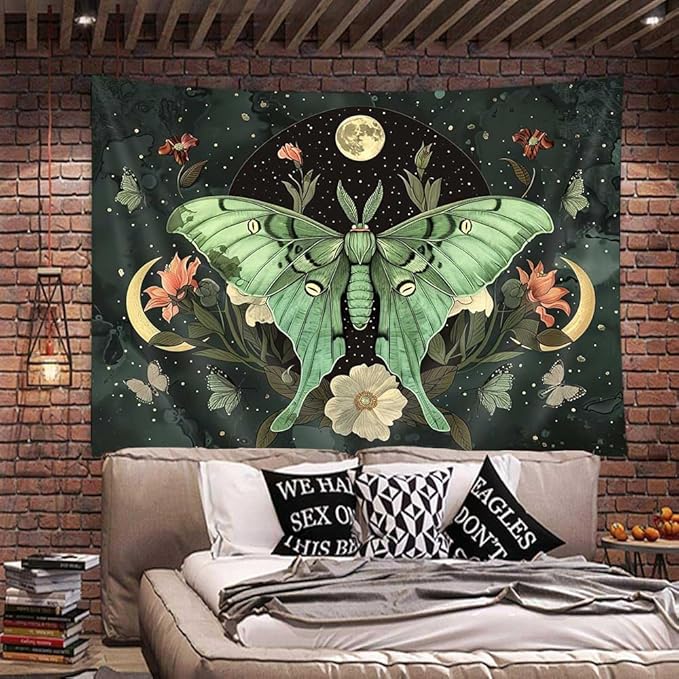 JAWO Green Butterfly Moon luna moth Flower Tapestry Boho Floral Plant moth Tapestries for Bedroom Aesthetic Tapastry's Wall Hanging Mandala Botanical Wall Tapestry for Living Room Dorm 90X70
