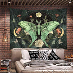 JAWO Green Butterfly Moon luna moth Flower Tapestry Boho Floral Plant moth Tapestries for Bedroom Aesthetic Tapastry's Wall Hanging Mandala Botanical Wall Tapestry for Living Room Dorm 90X70