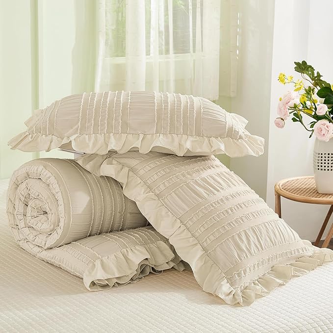 WONGS BEDDING Beige Ruffle Queen Comforter,Boho Shabby Chic Bedding for Queen Bed,Soft Seersucker Farmhouse Bedding Set with 1 Ruffled Comforter,2 Tufted Pillowcases 90"×90"