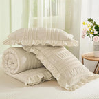 WONGS BEDDING Beige Comforter Set Full, 3 Pieces Ruffle Shabby Chic Comforter for Dorm Room Essentials for Full Bed, Soft Seersucker Bedding Set with 1 Comforter, 2 Tufted Pillowcases 90"×78"