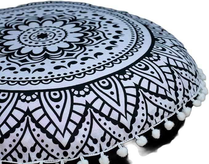CRAFT KALA 22" Round Mandala Boho Pillow Cover Meditation Room Seating Poufs Cover for Living Room Yoga Room Home Bedroom Balcony Garden Party Decoration Cotton Floor Cushion Cover Black White Flower
