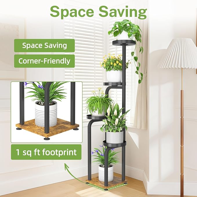 iDavosic.ly Tall Plant Stand Indoor, 4 Tier Corner Multiple Flower Holder Shelf with Metal Trays, Space Saving Display Rack for Living Room Balcony Patio Porch Outdoor | Black & Brown