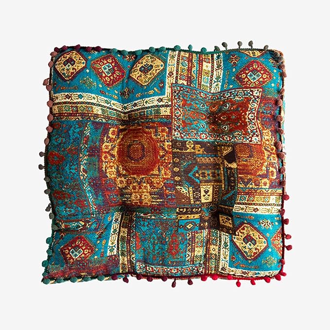 Square Bohemian Floor Pillow, Meditation Floor Seat Cushion, Large Soft Cotton Linen Pillows for Yoga Living Room Balcony Outdoor Tatami, 22x22 Inches (Blueflower Square)