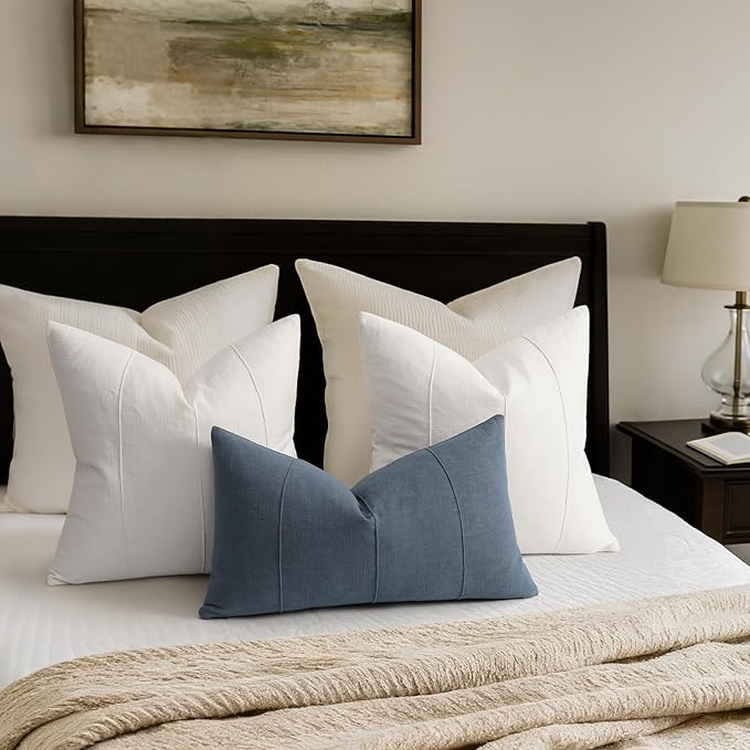 Decorative Linen Throw Pillow Covers 18x18 Set of 2 Solid handcrafted Striped Cushion Covers for Bed Soft Modern Farmhouse Neutral Pillowcase for Couch Bedroom Living Room Home Decor(Cream White)