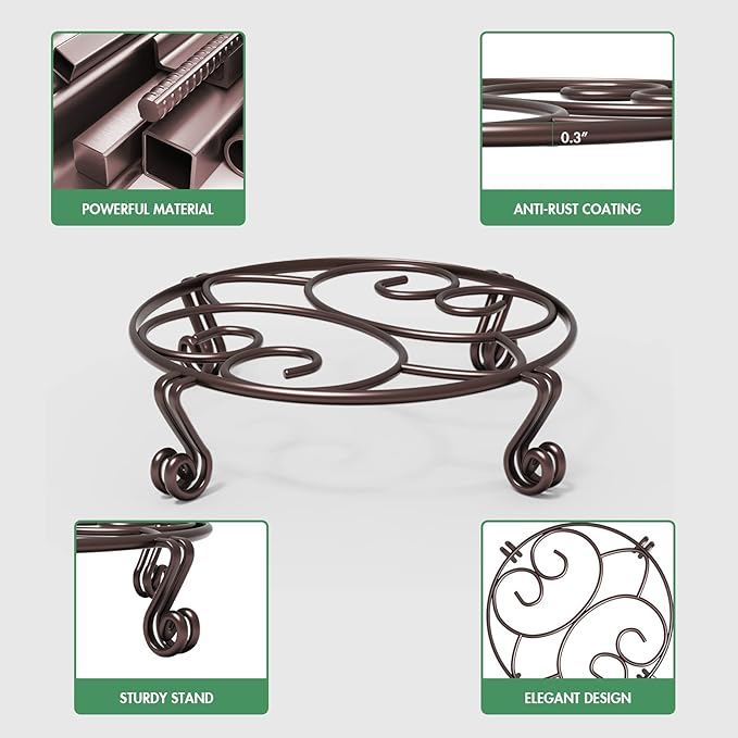 Yimobra 4 Pack Plant Stand for Flower Pot Heavy Duty Potted Holder Indoor Outdoor Metal Rustproof Iron Garden Container Round Supports Rack for Planter (4PC Brown 10.24 x 2.36 IN)