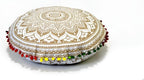 CRAFT KALA 22" Round Mandala Boho Pillow Cover Meditation Room Seating Poufs Cover for Living Room Yoga Room Home Bedroom Balcony Garden Party Decoration Cotton Floor Cushion Cover (White Gold Ombre)