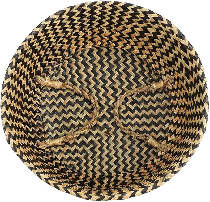 1Pc Woven Seagrass Belly Basket for Storage, Laundry, Picnic, Plant Pot Cover, and Grocery and Toy Storage (Black (Wavy Pattern))