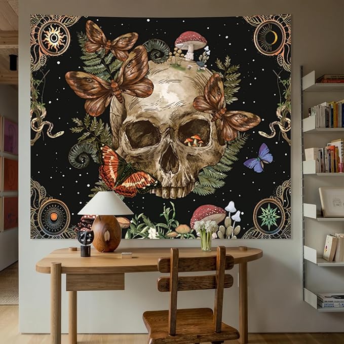 Avinyl Halloween Gothic Tapestry for Bedroom,Vintage Goth Skull Whichy Butterfly Floral Wall Tapestries, Skeleton Moth Mushrooms Poster Backdrop for Living Gaming Room Dorm Decor 51in X 60in