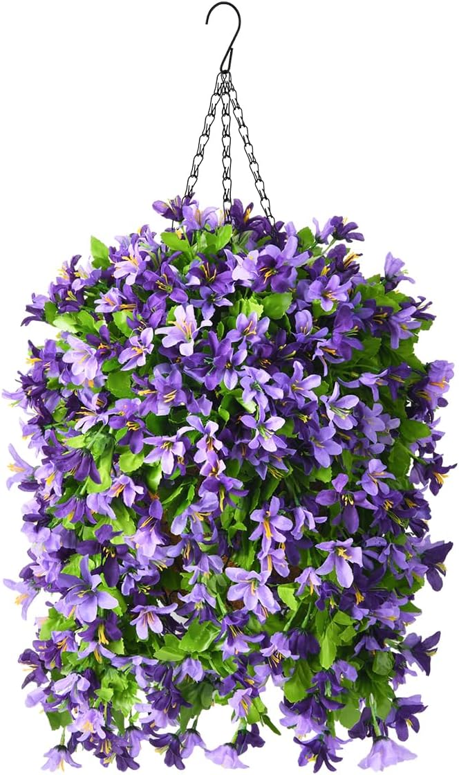 INQCMY Artificial Hanging Flowers in Basket for Outdoor Spring Summer Decoration,4pcs Faux Silk Violet in Planter UV Resistant for Outside Home Patio Garden Porch Deck Decor(Purple Orchid)