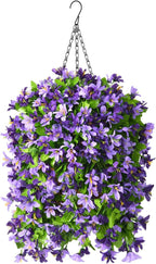 INQCMY Artificial Hanging Flowers in Basket for Outdoor Spring Summer Decoration,4pcs Faux Silk Violet in Planter UV Resistant for Outside Home Patio Garden Porch Deck Decor(Purple Orchid)
