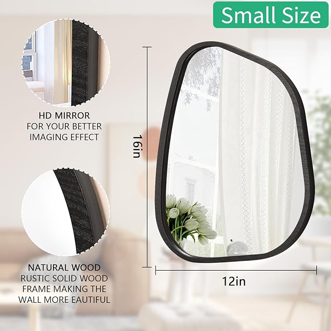 Irregular Bathroom Mirror Modern Oval Wall Mirror Asymmetrical Wooden Framed Wall Mirror Unique Shape Wall Mounted Vanity Artistic Mirror Decor for Living Room Bedroom Entryway Small 16"x12"