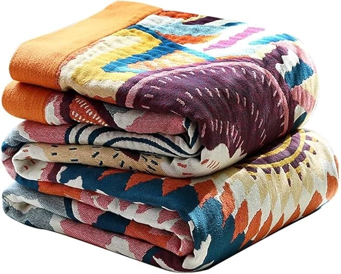 Boho Blanket for Bed 100% Cotton Bohemian Throw Blankets Ultra Soft Woven Muslin Decorative Blankets All Seasons Vintage Quilt Knitted Blanket for Sofa Chair (Colorful, 80"x90")