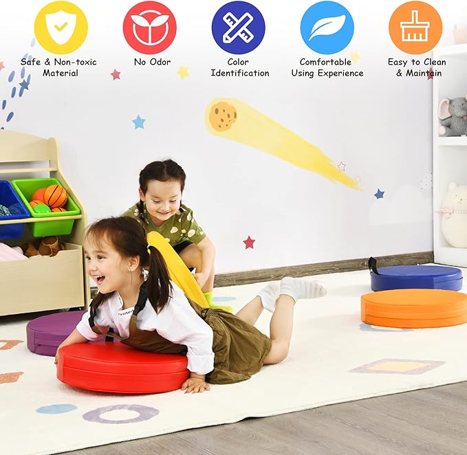 Costzon 6-Piece 15 inch Kids Floor Cushion, 3" Thick Waterproof Daycare Preschool Round Foam Cushion with Handle for Toddlers, Soft Flexible Seating for Classroom, Home, Kindergarten or Nursery