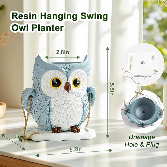 QCQHDU Swing Owl Hanging Pots with Drainage Hole, Small Resin Succulent Plant Planters, Cute Indoor/Outdoor Decor for Balcony Garden Patio, Women Gift Idea, Blue