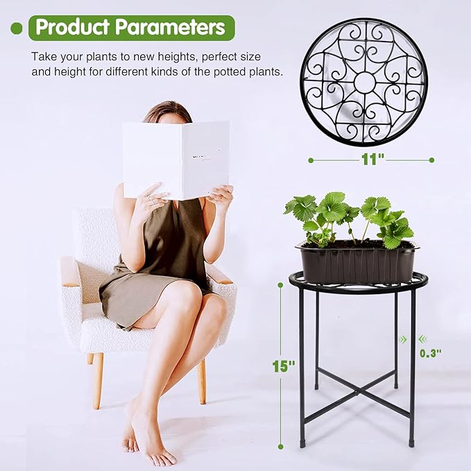15" Tall Metal Plant Stand, 2 Pack 11" Wide Round Plant Stand for Flower Pots Up to 100lbs, Rustproof Iron Plant Holder for Indoor Outdoor Use, Easy Assemble Flower Stand for Home Garden Display