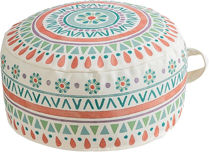 MOCOFO Round Bohemian Ottoman Pouf Cover, 18 Inch, Cotton Blend, Church Window Print, Living Room Storage Footrest, Cover Only (Pink Ink)