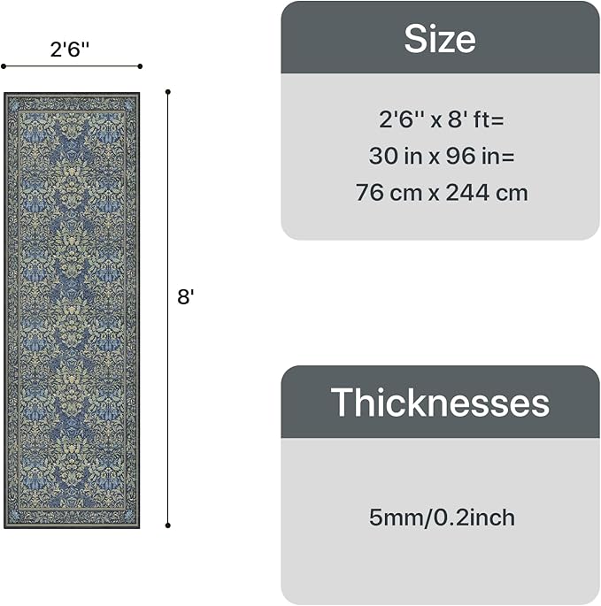 GENIMO Floral Washable Runner Rug 2’6”x8’, Non-Slip Long Hallway Carpet for Entryway, Kitchen, Indoor Floor Use, Vintage Boho Soft Thin Rug Décor, Dark Blue