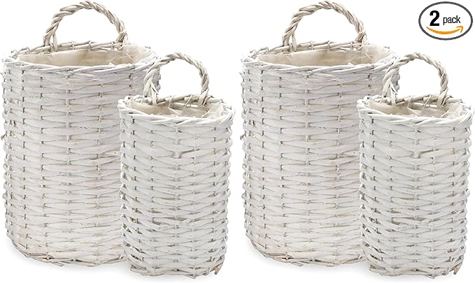 AuldHome Design Wall Hanging Baskets (White, Set of 2); Woven WIcker Rustic Farmhouse White Washed Door Baskets, Small and Medium Size (Pack of 2)