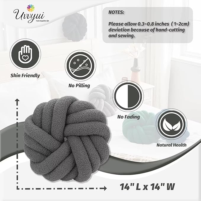 Uvvyui Knot Pillows, 14 Inch Decorative Throw Pillows Round Pillows Cushion, Soft Handmade Knotted Ball Pillow Plush Cushion Home Decor for Bed Couch Living Room (Dark Gray, 14 Inch)