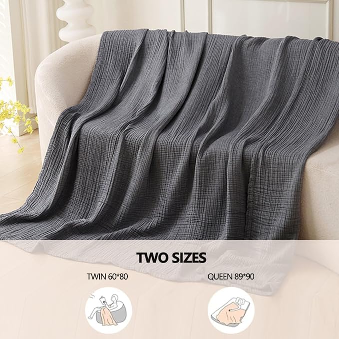 Boho Throw Blanket, 100% Cotton Ultra Soft Luxury Throw Rustic Quilt, Muslin Breathable Soft Bed Throw ，All Throw for Sofa Couch Chair 60×80 Inch (Grey Blanket, 60x80 Inch)