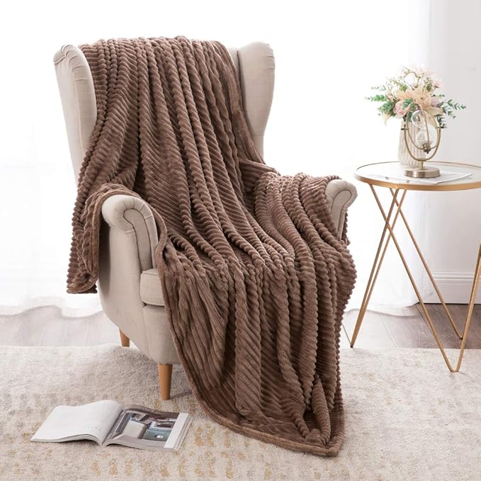MIULEE Fleece Throw Blanket for Couch 300GSM Super Soft Lightweight Plush Striped Blanket, Brown Warm Cozy Breathable Ribbed Flannel Blanket for Bed/Sofa, Throw Size 50"x60"