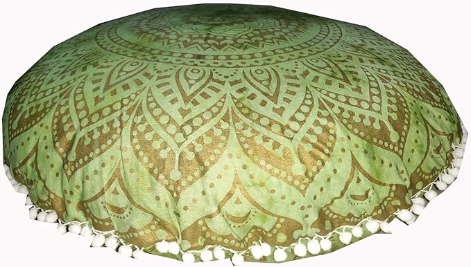 Mandala Barmeri Large Floor Pillow Cover Cushion Meditation Seating Ottoman Throw Cover Hippie Decorative Zipped Bohemian Pouf Ottoman Poufs, Pom Pom Pillow Cases Blue Gold Trishol, 32 inch Round