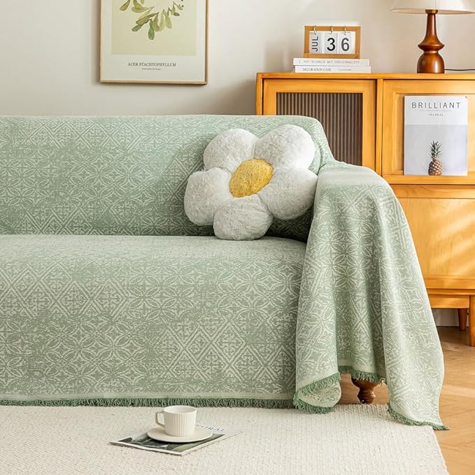 ROOMLIFE Green Sofa Cover, Vintage Boho Couch Cover for 3 Cushion Sofa, Soft Breathable Sofa Cover for Dog, Washable Furniture Sofa Protector Cover Blanket with Tassel for Living Room, 71 '' X 150''