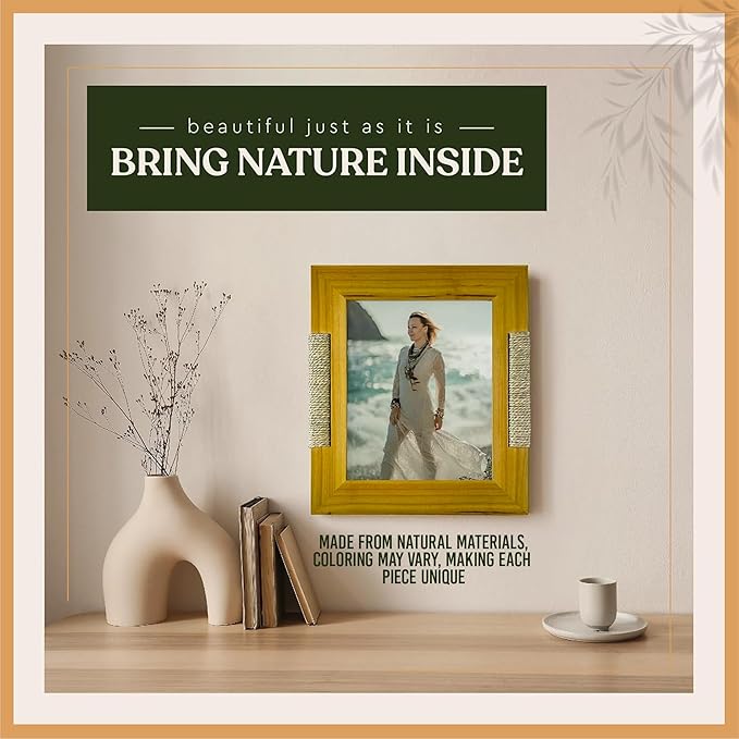 Boho Picture Frame for 8x10 Inch Photo or Artwork | 11x13 Outer Edge | Boho, Coastal, or Modern Photo Frame, Wooden Decorative Frame with Tabletop Stand and Wall Mount | Golden Brown