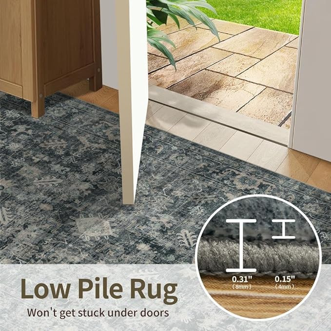 5x7 Area Rugs for Living Room Bedroom, Blue Washable Rug, Vintage Retro Boho Rug, Non Slip & Low Pile Faux Wool Thin Carpet for Indoor Dining Room and Kids Room(Blue 5x7ft)