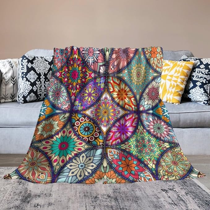 Boho Floral Throw Blanket Bohemian Colorful Mandala Flowers Print Theme Blanket for Sofa Bed Couch Chair Or Dorm 30"x40"