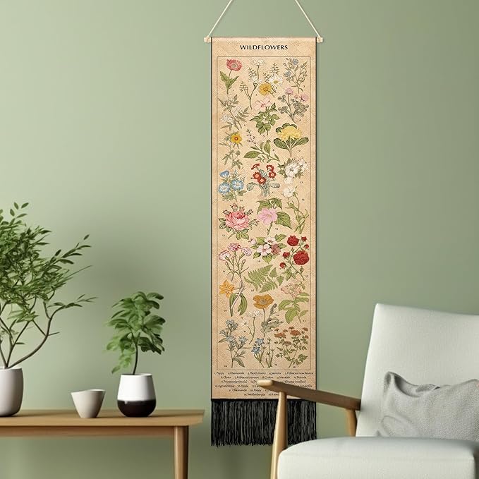 Geetery Vintage Floral Vertical Tapestry Wall Hanging Decor Long Flower Narrow Botanical Fabric Wall Art Hanging Reference Illustrative Tassel Tapestry for Bedroom Living Room Home Decor Gift(Natural)