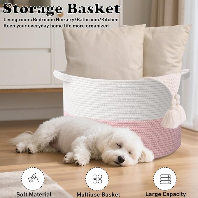 65L Large Blanket Basket,19.7" L x 19.7" W x 13" H Rope Woven Baskets with Handles, Toys Storage Bins,Laundry Basket Perfect for Living Room, Nursery,Bedroom,Home Organization,White&Pink