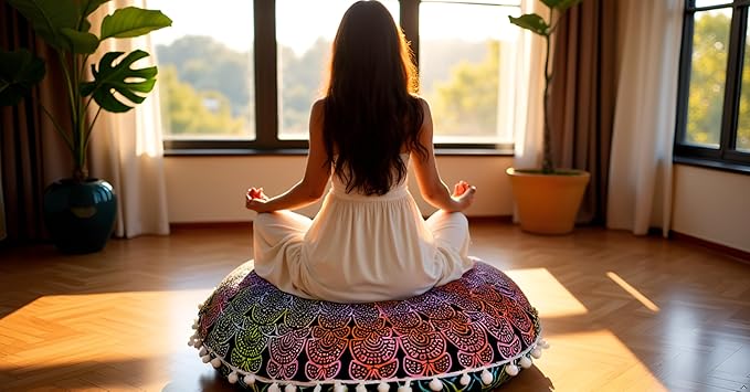 CRAFT KALA 22" Mandala Meditation Floor Pillows Cover Pouf Cover Round Seating Bohemian Mandala Cotton Floor Cushion Cover Outdoor Fireplace Seating Living Room Yoga Room Home Décor (Multi Peacock)