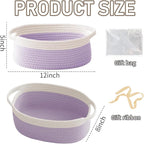 Woven Basket,Small Rope Storage Bin with Handles & Ribbon Bag, Organizer for Shelves Closets,Gift Basket Empty for Birthday,Books,Dog Toys, White&Purple/3 Pack
