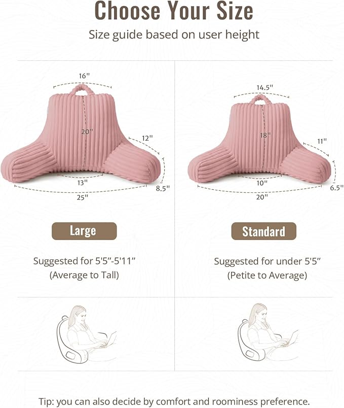 Blissful Diary Reading Pillow for Sitting in Bed, Flannel Back Pillow Bed Sitting Up for Adult & Children, Backrest Cushion for Sit Up in Couch or Floor, Dorm Essentials, Plush Pink