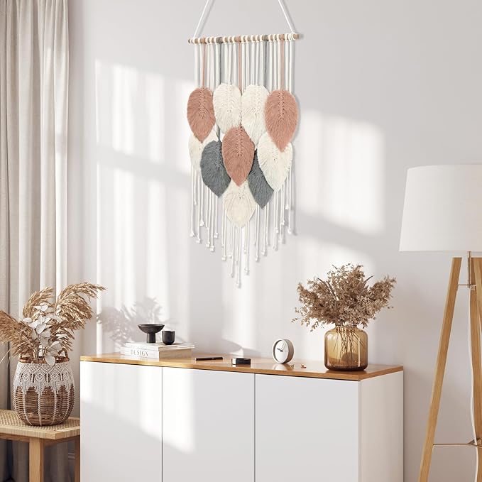 Alynsehom Macrame Wall Hanging, Boho Woven Tapestry, Chic Modern Bohemian Handmade Leaf Feather Wall Art Home Decor for Apartment Dorm Living Room Bedroom Nursery Backdrop(16.5" W X 29.5" L)