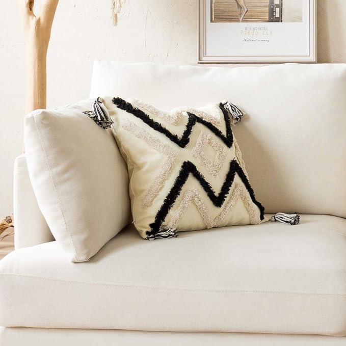 Woven Tufted Boho Throw Pillow Cover, Modern Decorative Geometric Chevron Striped Cushion with Tassels, Farmhouse Tribal Pillowcases for Couch Sofa Bedroom Living Room, 18 x 18 Inches, Black, Ivory