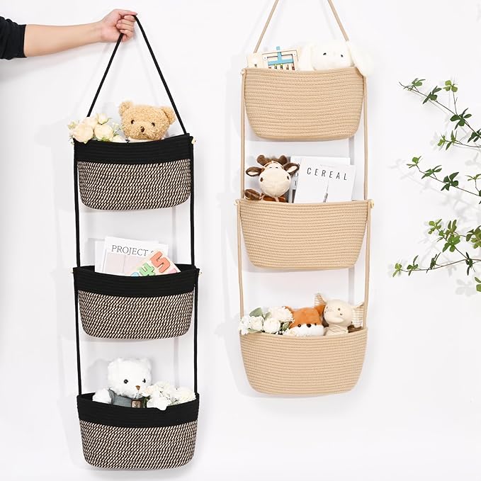 Hanging Basket, 3-Tier Wall Baskets, Over the Door Organizer with 4 Hooks, Hanging Baskets for Organizing, Woven Storage Basket Behind the Door for Nursery, Bedroom, Living Room, Kitchen