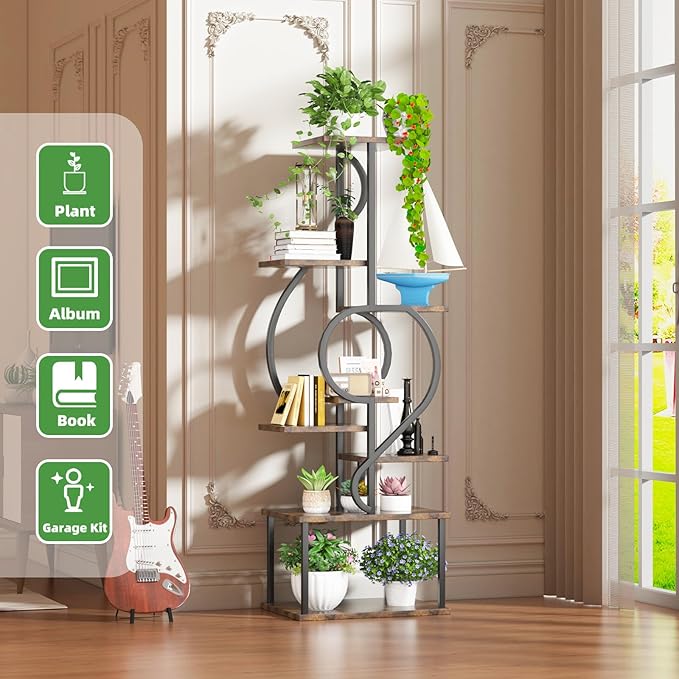 Plant Stand Indoor with Grow Light,8 Tiered Indoor Plant Stand,58" Tall Plant Flower Shelf,Creative Note Shaped Plant Holder for Home,Patio,Brown