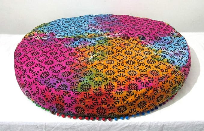 ICC Large Hippie Mandala Round Floor Pillow Cover Ottoman Pouf Cover Daybed Oversized Cotton Cushion Cover with Heavy Duty Zipper Seating Ottoman Poufs Dog-Pets Bed (Multi 4 flower, 35" Round)