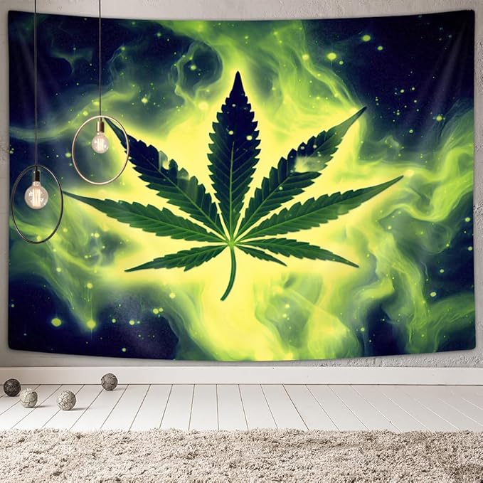 JAWO Weed Tapestry, Cool Green Marijuana Small Tapestry Wall Hanging for Mens Bedroom, Trippy Stoner Tapestries Flag Hippie Poster Beach Blanket College Dorm Home Decor (71W X 60H)