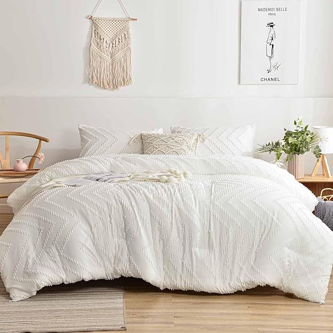 Nanko 2 Pack Standard Size Pillow Shams Set, White Boho Tufted Soft Microfiber Pillowcases，Modern Farmhouse Pillowshams for Men and Woman 20 x 26 Inch